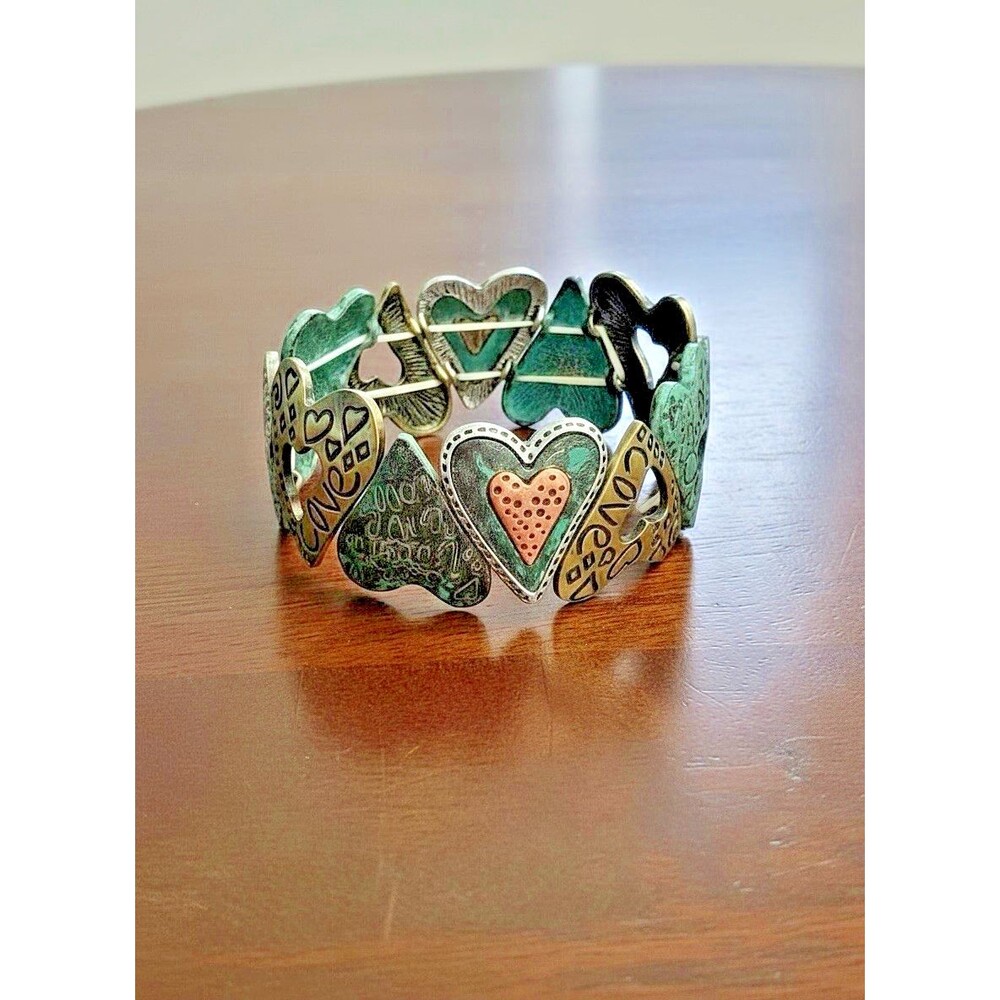 Boho Stretch Bracelet Mixed Metal Patina Hearts Inspirational Style